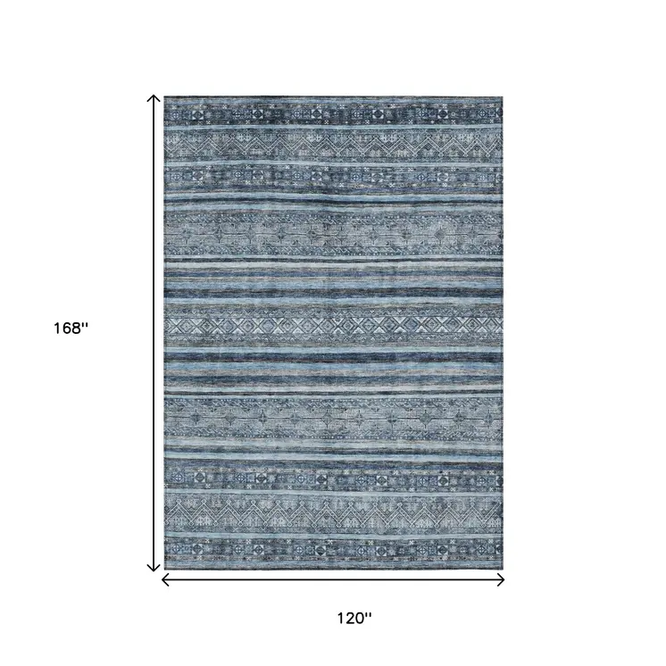 10' X 14' Blue And Gray Oriental Washable Indoor Outdoor Area Rug