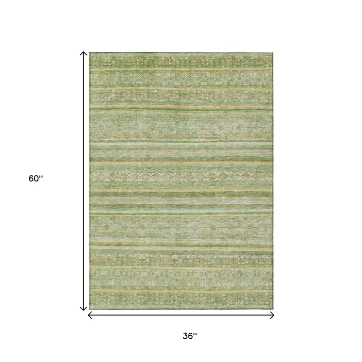 3' X 5' Green And Gold Oriental Washable Indoor Outdoor Area Rug