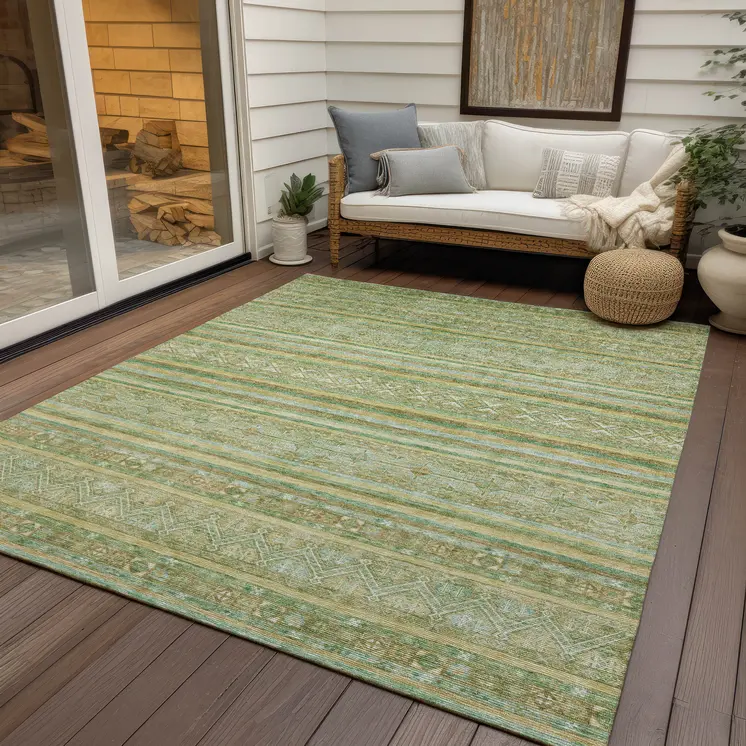 3' X 5' Green And Gold Oriental Washable Indoor Outdoor Area Rug