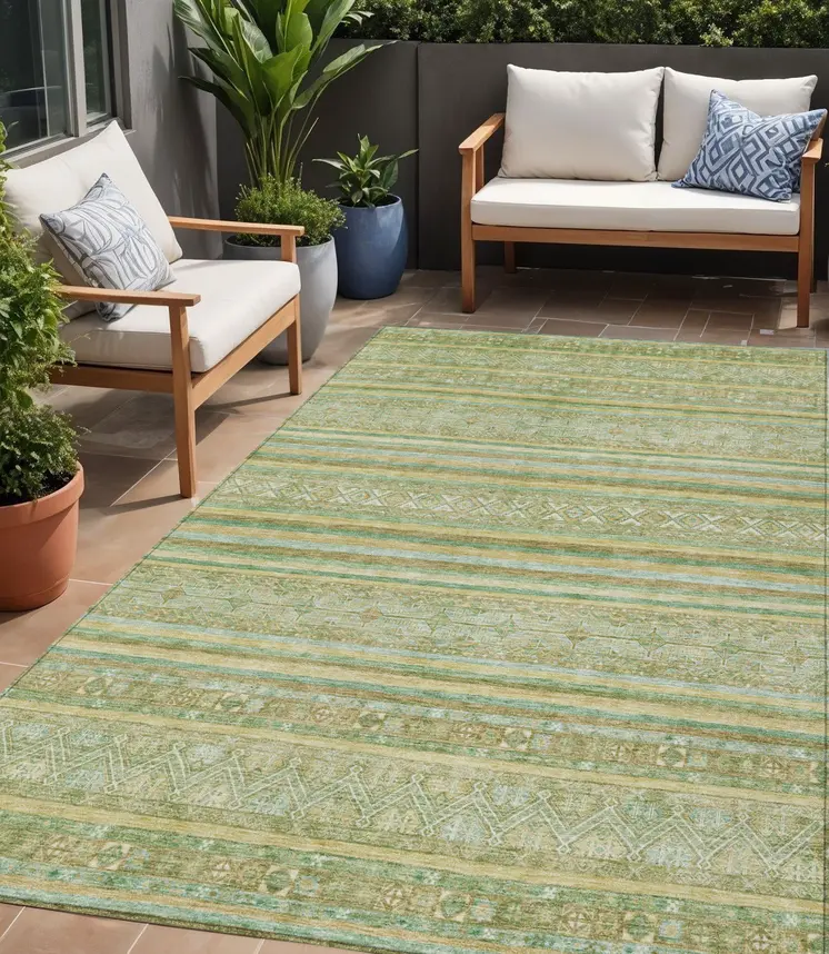 5' X 8' Green And Gold Oriental Washable Indoor Outdoor Area Rug