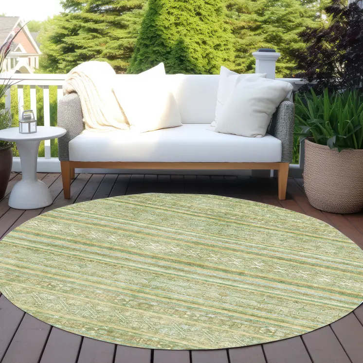 8' Green And Gold Round Oriental Washable Indoor Outdoor Area Rug