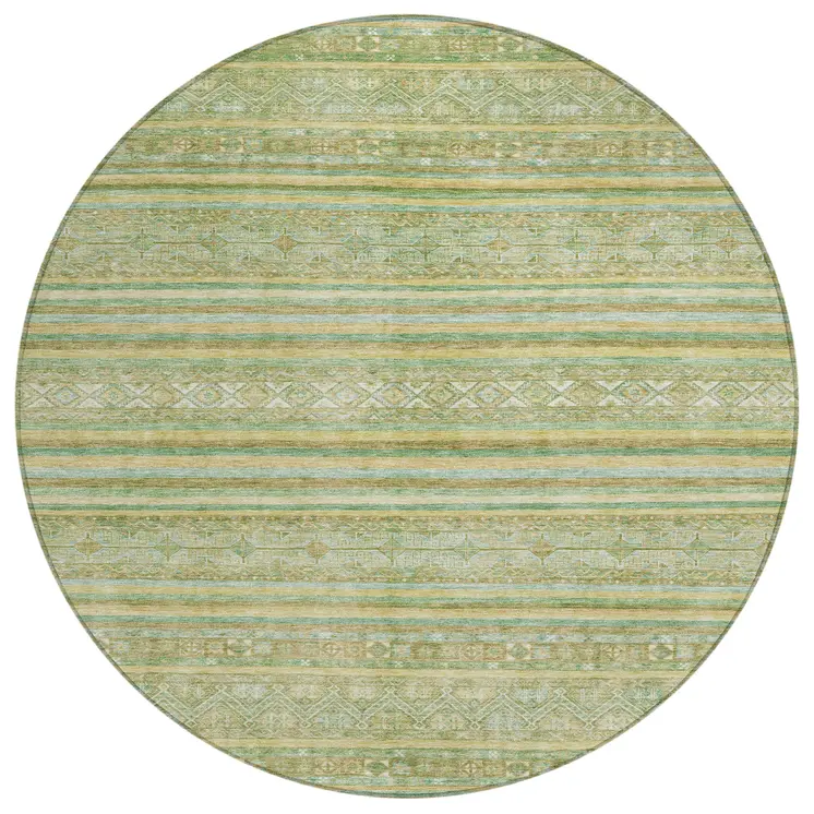 8' Green And Gold Round Oriental Washable Indoor Outdoor Area Rug