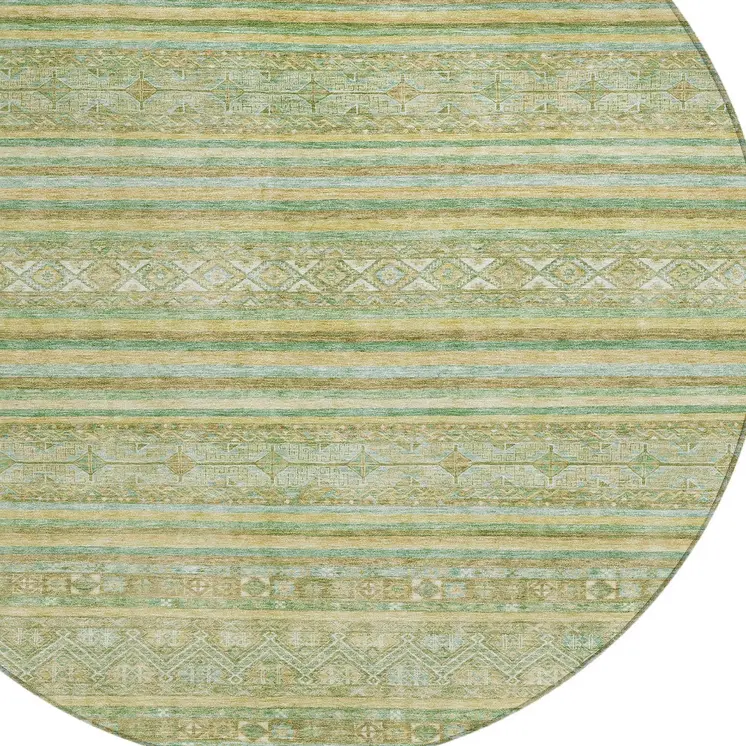 8' Green And Gold Round Oriental Washable Indoor Outdoor Area Rug