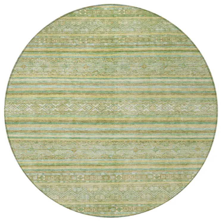8' Green And Gold Round Oriental Washable Indoor Outdoor Area Rug