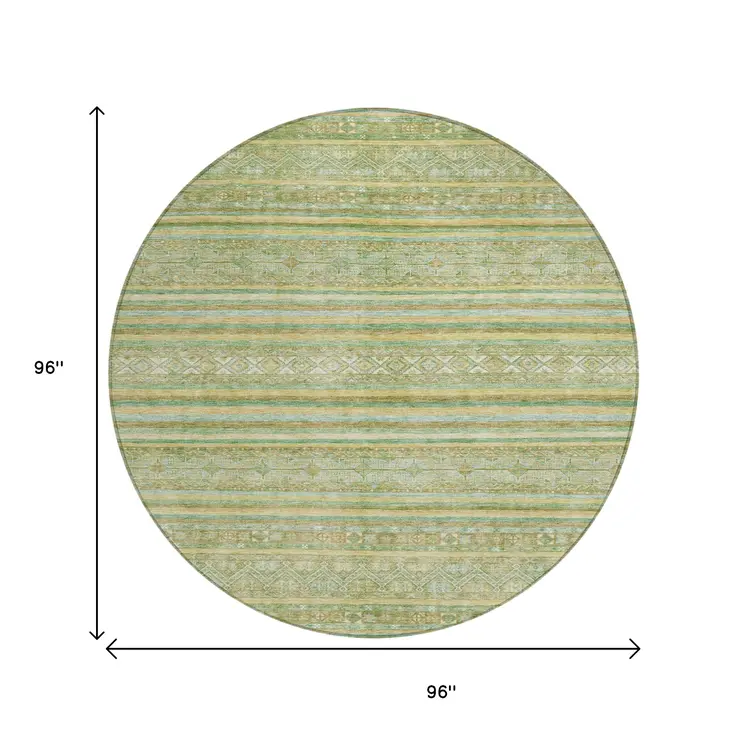8' Green And Gold Round Oriental Washable Indoor Outdoor Area Rug