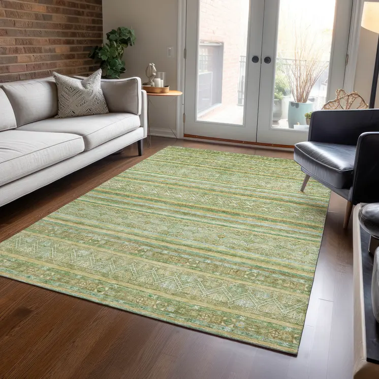 8' X 10' Green And Gold Oriental Washable Indoor Outdoor Area Rug