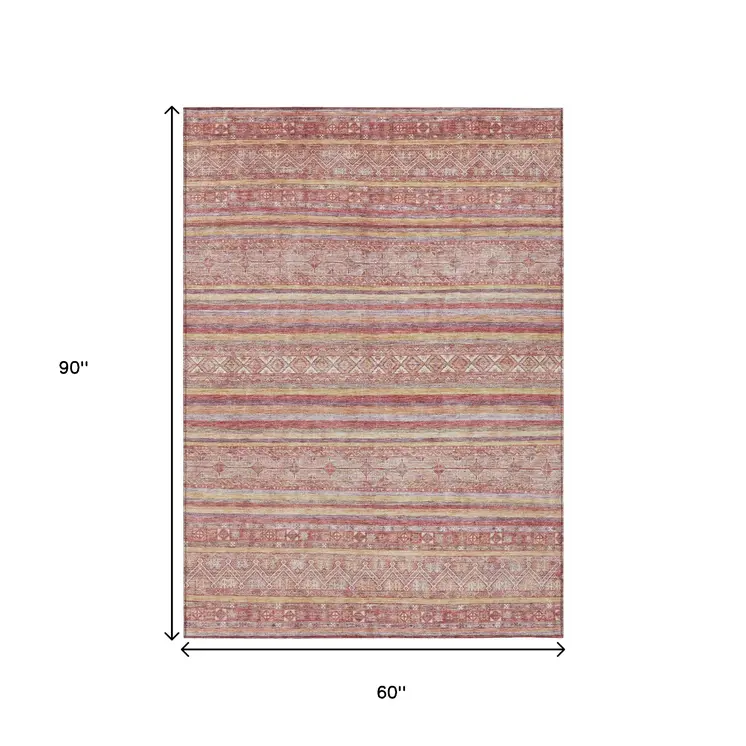 5' X 8' Rust And Coral Oriental Washable Indoor Outdoor Area Rug
