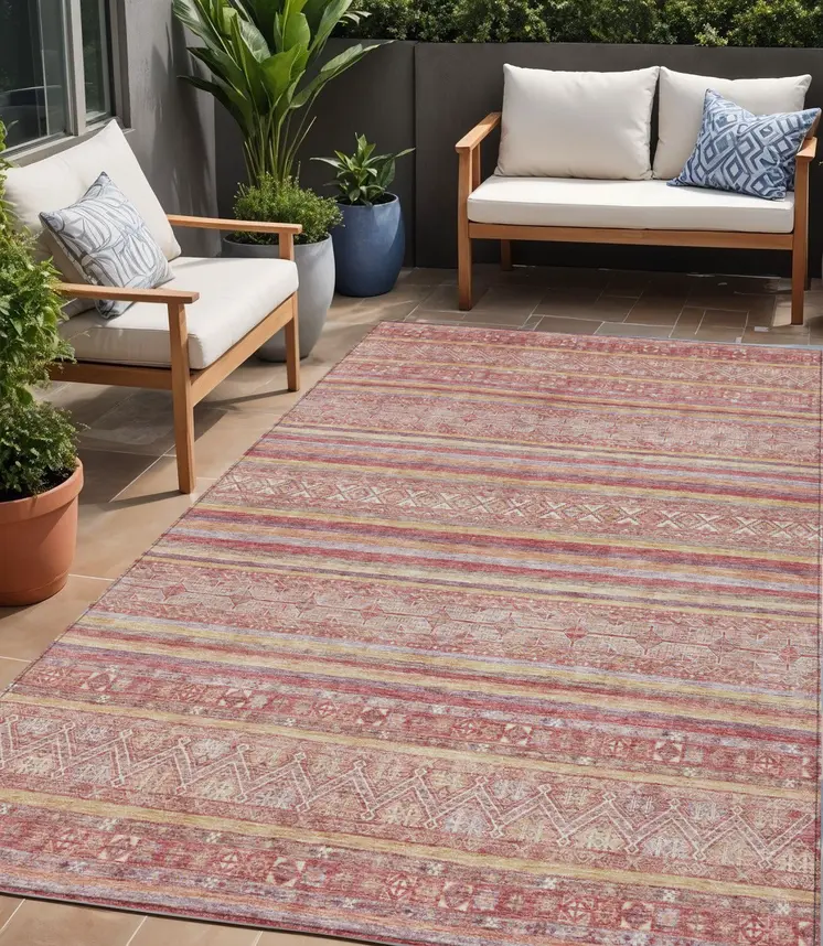 5' X 8' Rust And Coral Oriental Washable Indoor Outdoor Area Rug