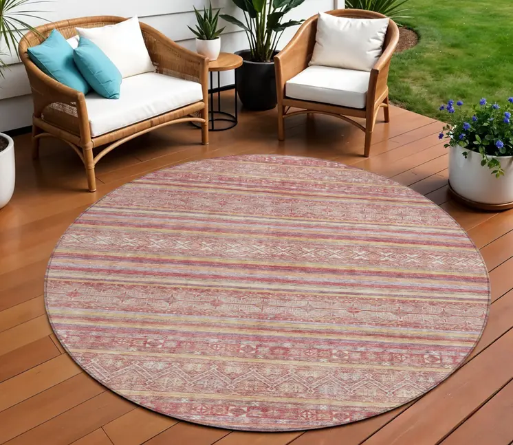 8' Rust And Coral Round Oriental Washable Indoor Outdoor Area Rug