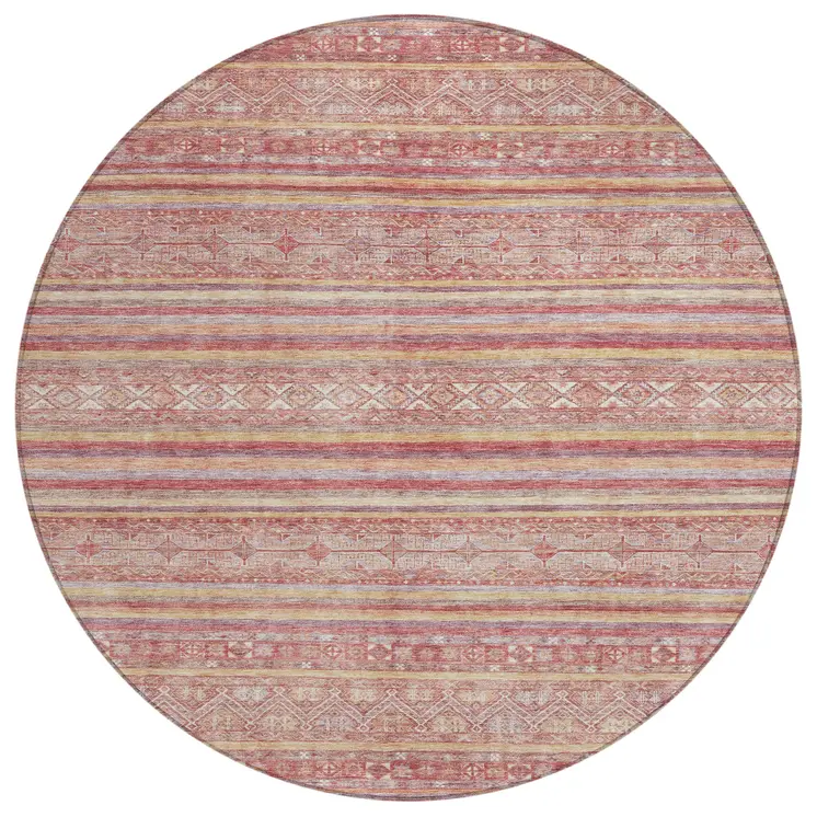8' Rust And Coral Round Oriental Washable Indoor Outdoor Area Rug