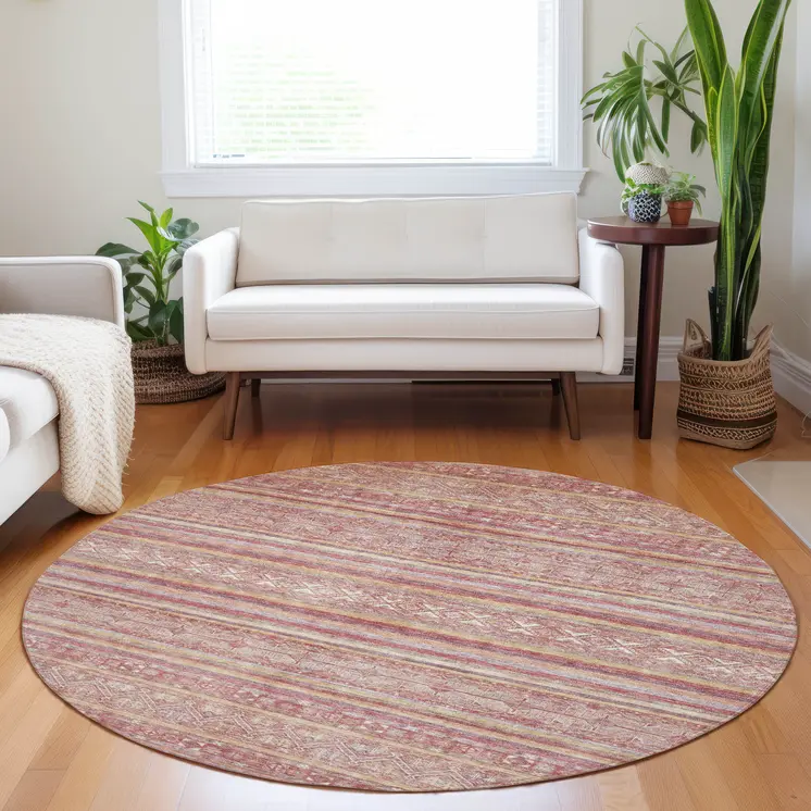 8' Rust And Coral Round Oriental Washable Indoor Outdoor Area Rug