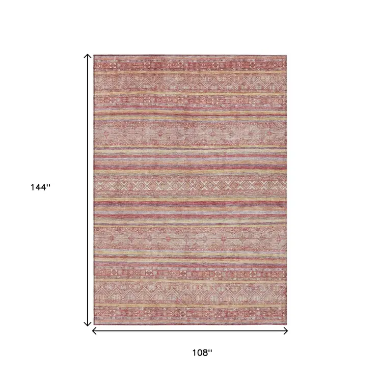 9' X 12' Rust And Coral Oriental Washable Indoor Outdoor Area Rug