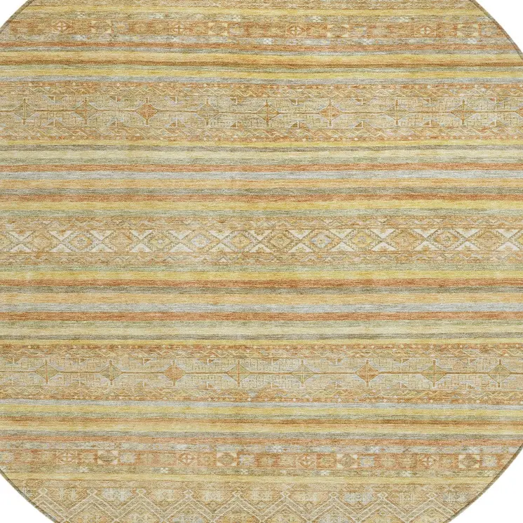 8' Wheat And Beige Round Oriental Washable Indoor Outdoor Area Rug