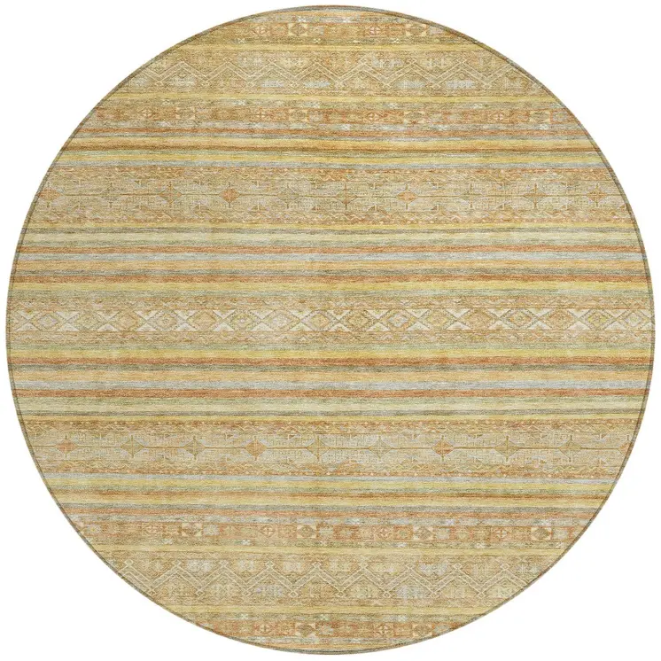 8' Wheat And Beige Round Oriental Washable Indoor Outdoor Area Rug