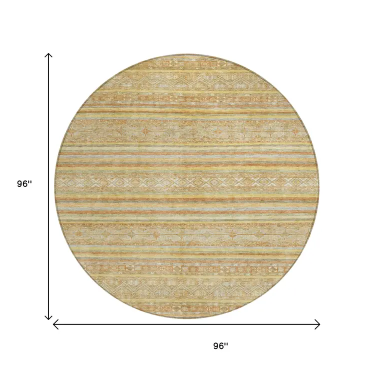 8' Wheat And Beige Round Oriental Washable Indoor Outdoor Area Rug