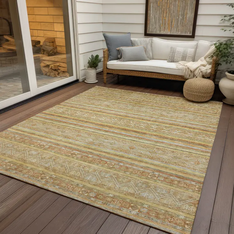 8' X 10' Wheat And Beige Oriental Washable Indoor Outdoor Area Rug