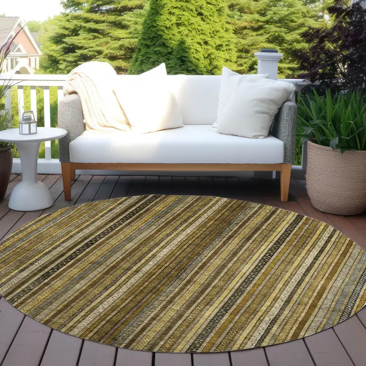 8' Brown Beige And Gold Round Striped Washable Indoor Outdoor Area Rug