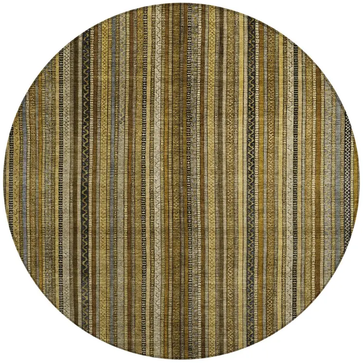 8' Brown Beige And Gold Round Striped Washable Indoor Outdoor Area Rug