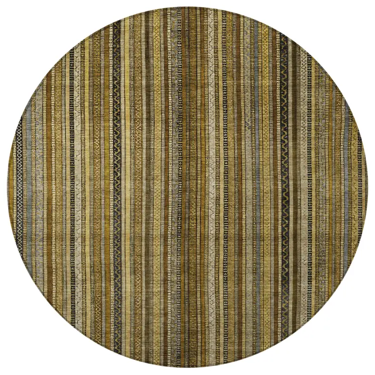 8' Brown Beige And Gold Round Striped Washable Indoor Outdoor Area Rug