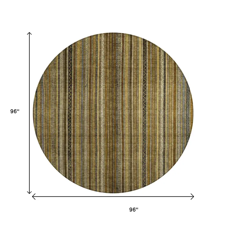 8' Brown Beige And Gold Round Striped Washable Indoor Outdoor Area Rug