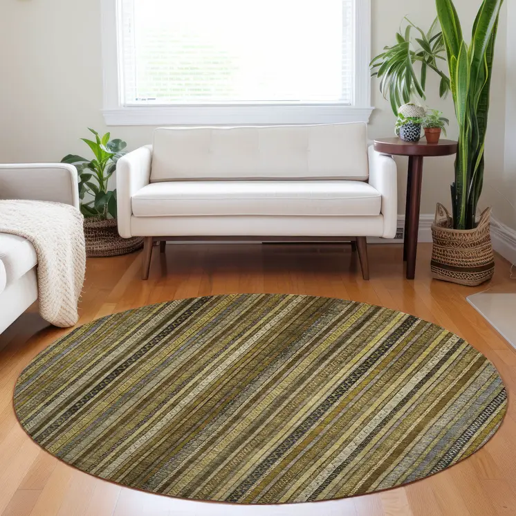 8' Brown Beige And Gold Round Striped Washable Indoor Outdoor Area Rug