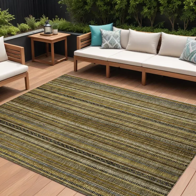 8' X 10' Brown Beige And Gold Striped Washable Indoor Outdoor Area Rug