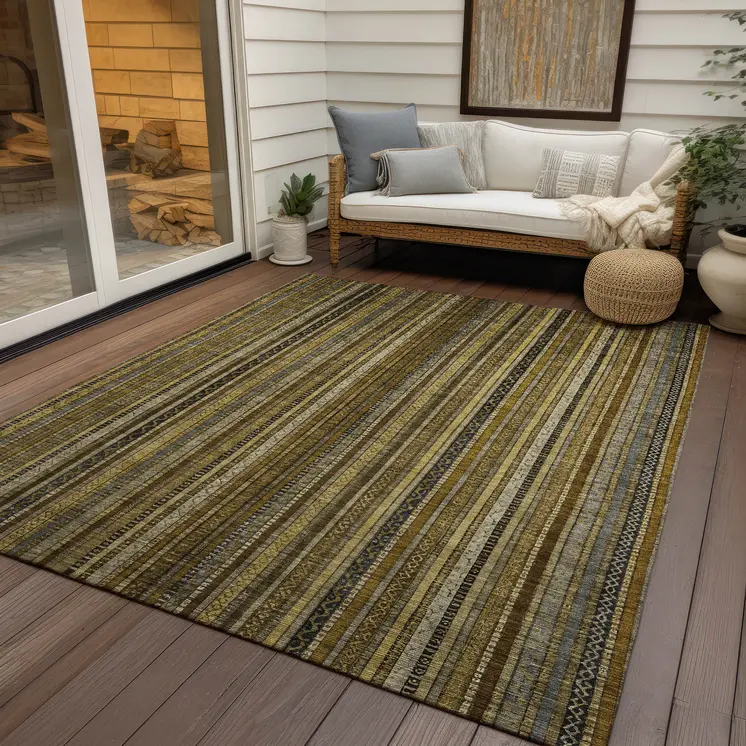 8' X 10' Brown Beige And Gold Striped Washable Indoor Outdoor Area Rug