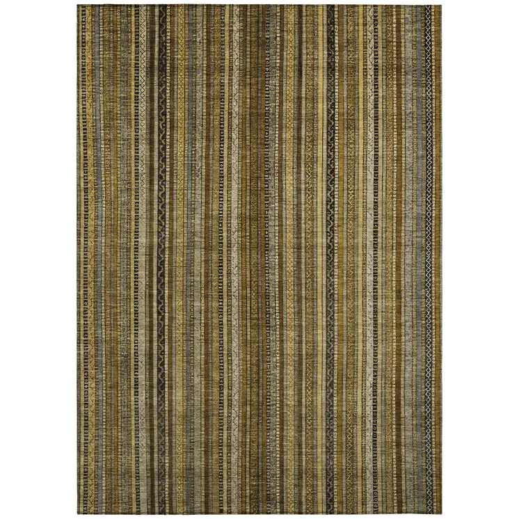 8' X 10' Brown Beige And Gold Striped Washable Indoor Outdoor Area Rug