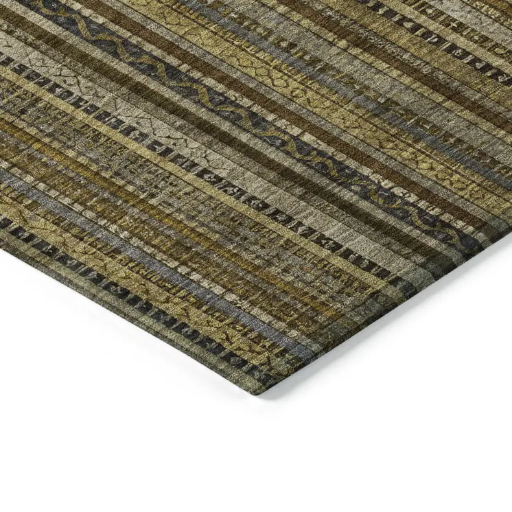 8' X 10' Brown Beige And Gold Striped Washable Indoor Outdoor Area Rug