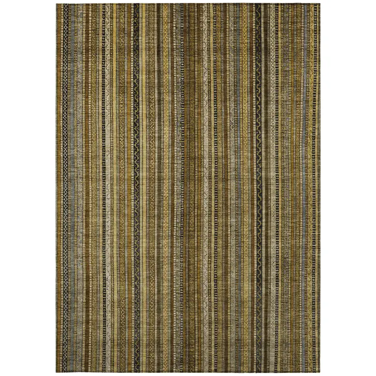8' X 10' Brown Beige And Gold Striped Washable Indoor Outdoor Area Rug