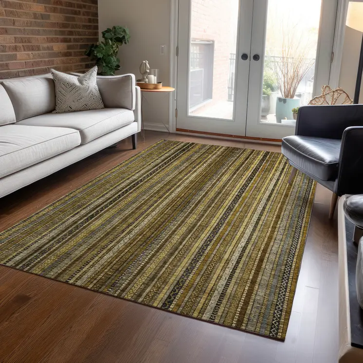 8' X 10' Brown Beige And Gold Striped Washable Indoor Outdoor Area Rug