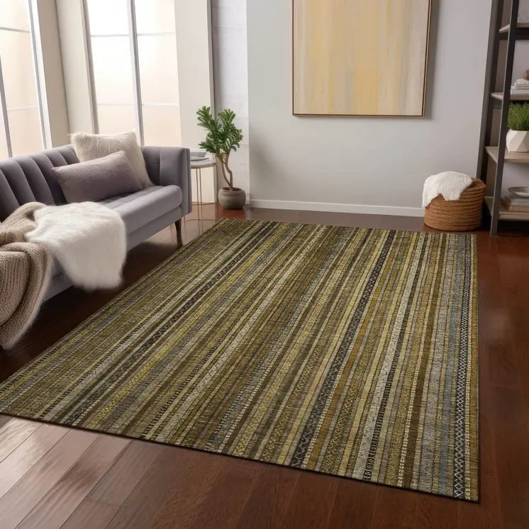 8' X 10' Brown Beige And Gold Striped Washable Indoor Outdoor Area Rug