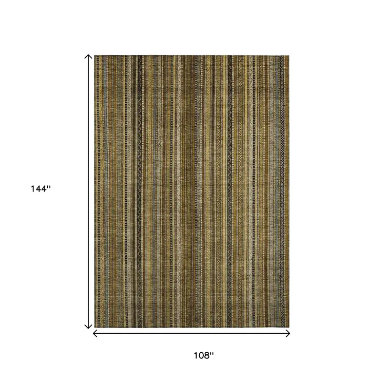 9' X 12' Brown Beige And Gold Striped Washable Indoor Outdoor Area Rug