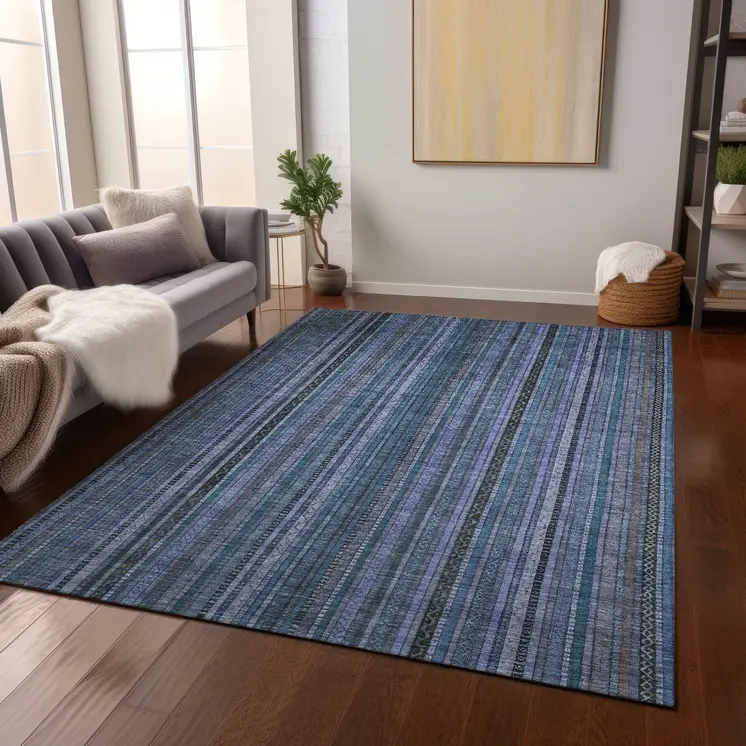 3' X 5' Blue Gray And Sky Blue Striped Washable Indoor Outdoor Area Rug