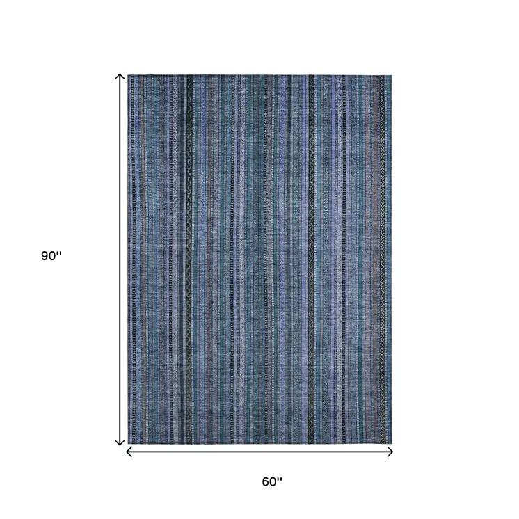 5' X 8' Blue Gray And Sky Blue Striped Washable Indoor Outdoor Area Rug