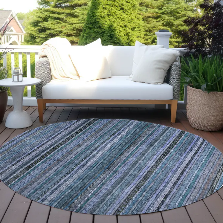 8' Blue Gray And Sky Blue Round Striped Washable Indoor Outdoor Area Rug