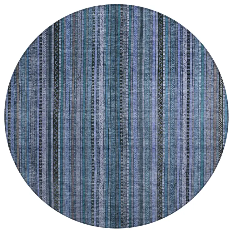 8' Blue Gray And Sky Blue Round Striped Washable Indoor Outdoor Area Rug