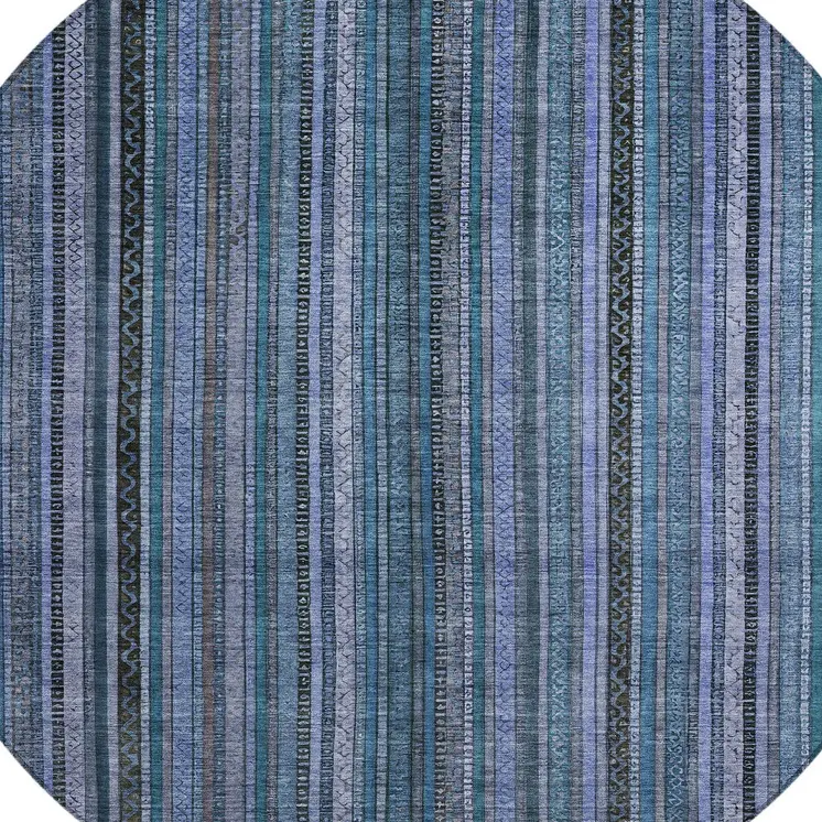 8' Blue Gray And Sky Blue Round Striped Washable Indoor Outdoor Area Rug