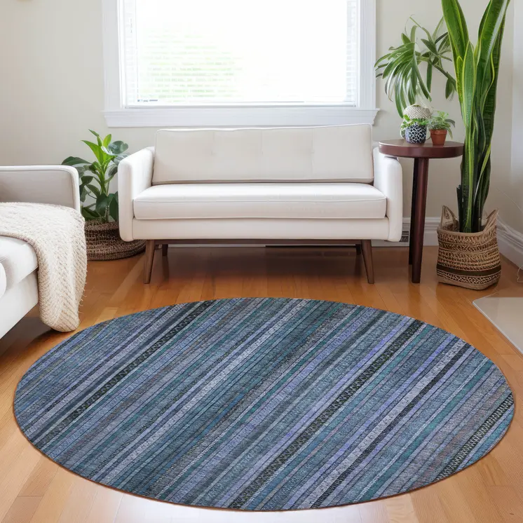 8' Blue Gray And Sky Blue Round Striped Washable Indoor Outdoor Area Rug