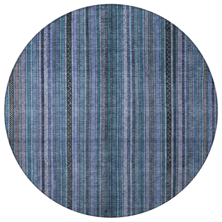 8' Blue Gray And Sky Blue Round Striped Washable Indoor Outdoor Area Rug