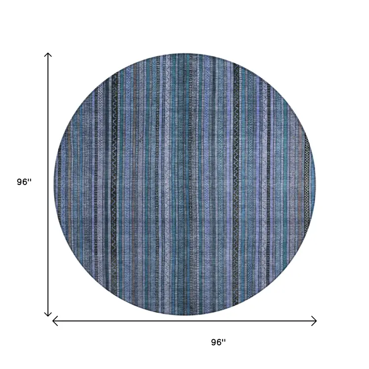 8' Blue Gray And Sky Blue Round Striped Washable Indoor Outdoor Area Rug