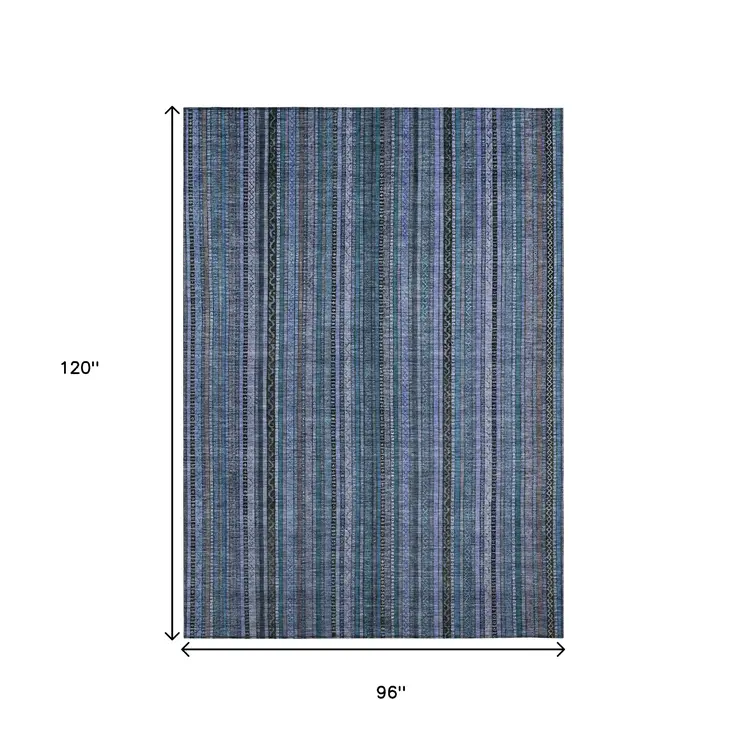 8' X 10' Blue Gray And Sky Blue Striped Washable Indoor Outdoor Area Rug