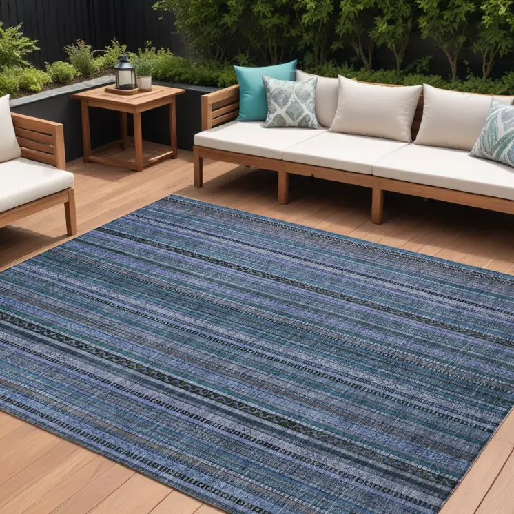 9' X 12' Blue Gray And Sky Blue Striped Washable Indoor Outdoor Area Rug