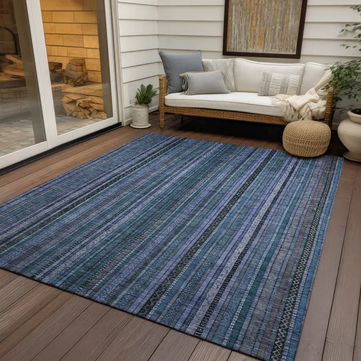 9' X 12' Blue Gray And Sky Blue Striped Washable Indoor Outdoor Area Rug
