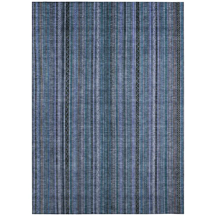 9' X 12' Blue Gray And Sky Blue Striped Washable Indoor Outdoor Area Rug