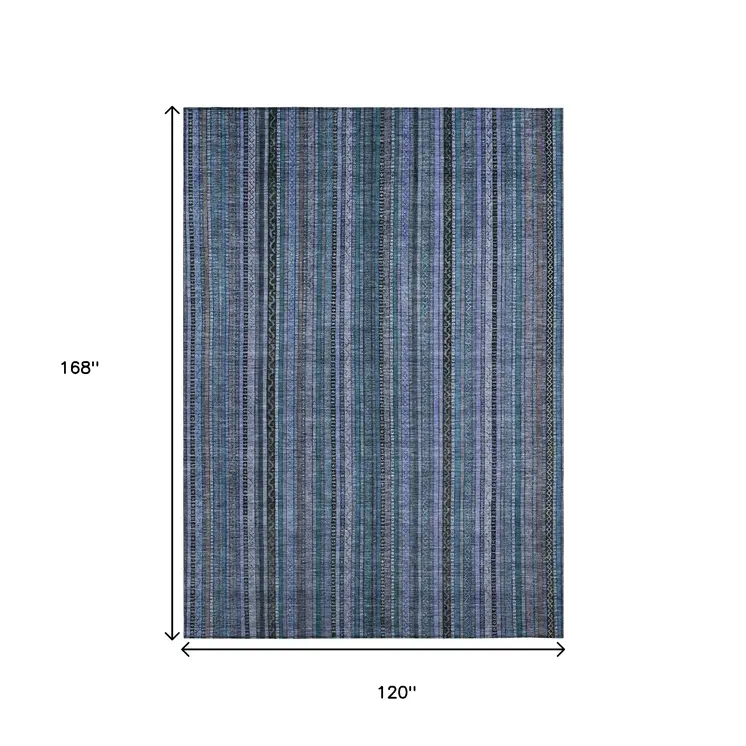 10' X 14' Blue Gray And Sky Blue Striped Washable Indoor Outdoor Area Rug