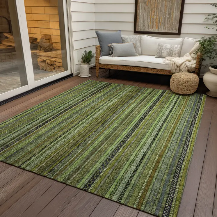 3' X 5' Green Gold And Gray Striped Washable Indoor Outdoor Area Rug