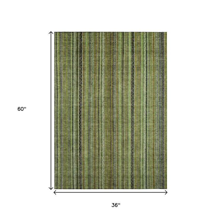3' X 5' Green Gold And Gray Striped Washable Indoor Outdoor Area Rug