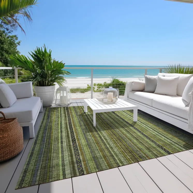 3' X 5' Green Gold And Gray Striped Washable Indoor Outdoor Area Rug