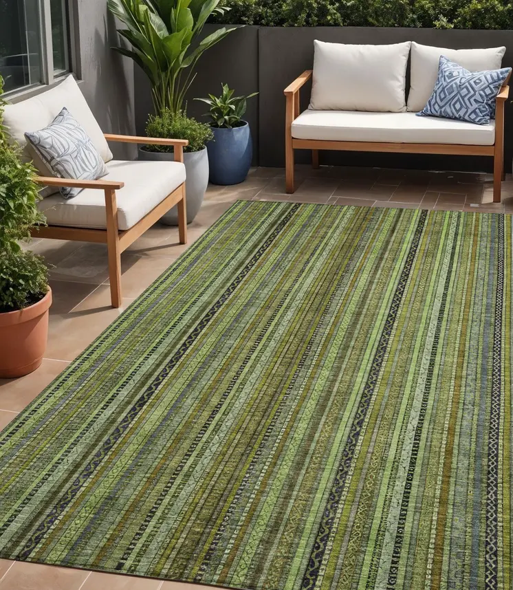 5' X 8' Green Gold And Gray Striped Washable Indoor Outdoor Area Rug